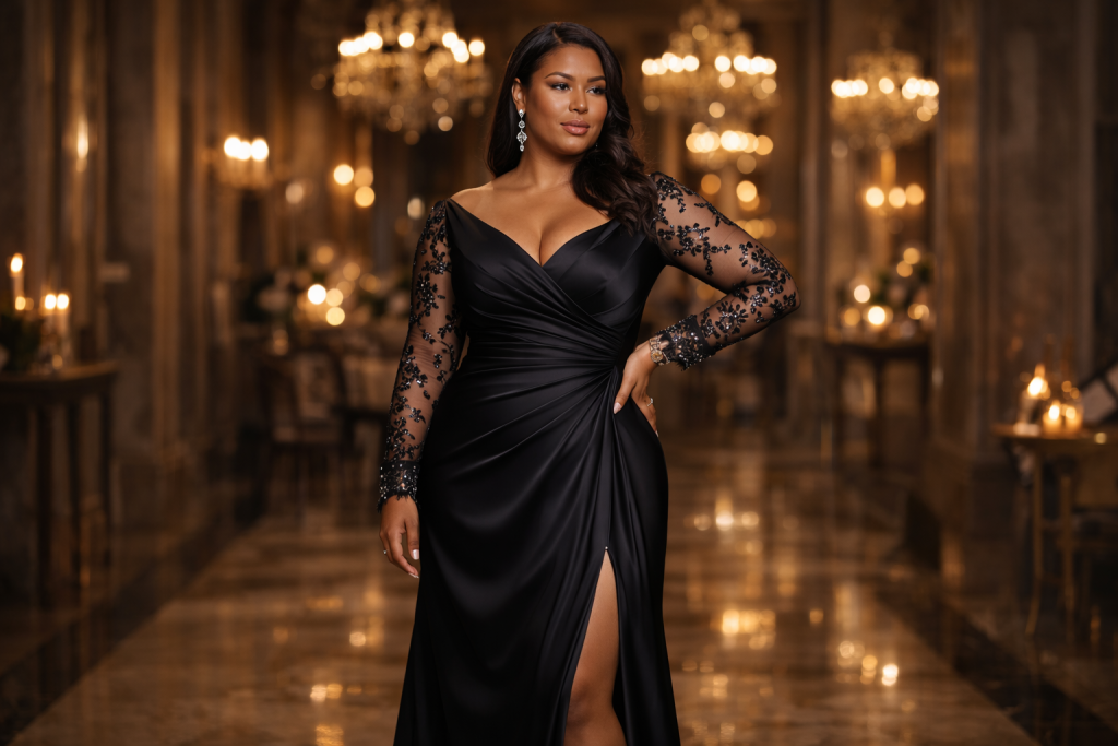 A confident woman poses in a long black evening gown with sheer embellished sleeves and a high slit, standing in an opulent, chandelier-lit ballroom decorated with candles and soft golden lights.