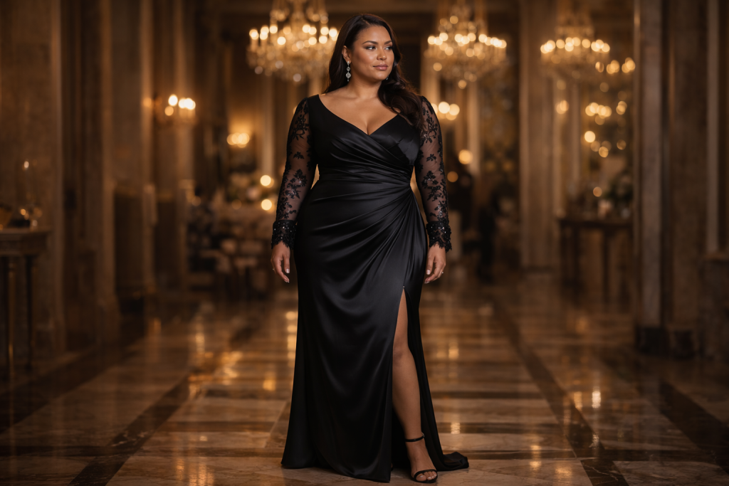 A woman in a sleek black satin evening gown with lace sleeves and a thigh-high slit walks confidently through a grand, chandelier-lit ballroom with marble floors and warm ambient lighting.