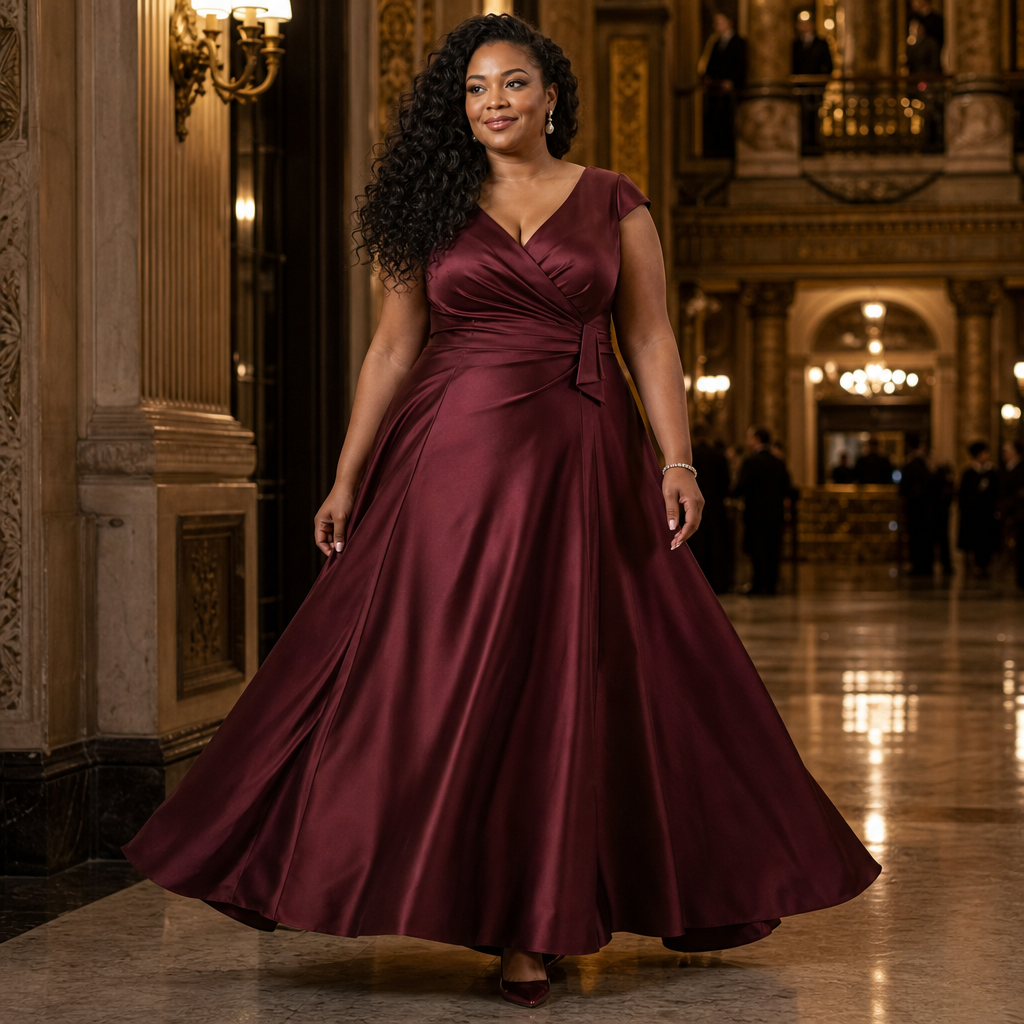A confident woman in a flowing burgundy satin evening gown poses in an ornate, chandelier-lit hall, showcasing classic formal style and sophistication.
