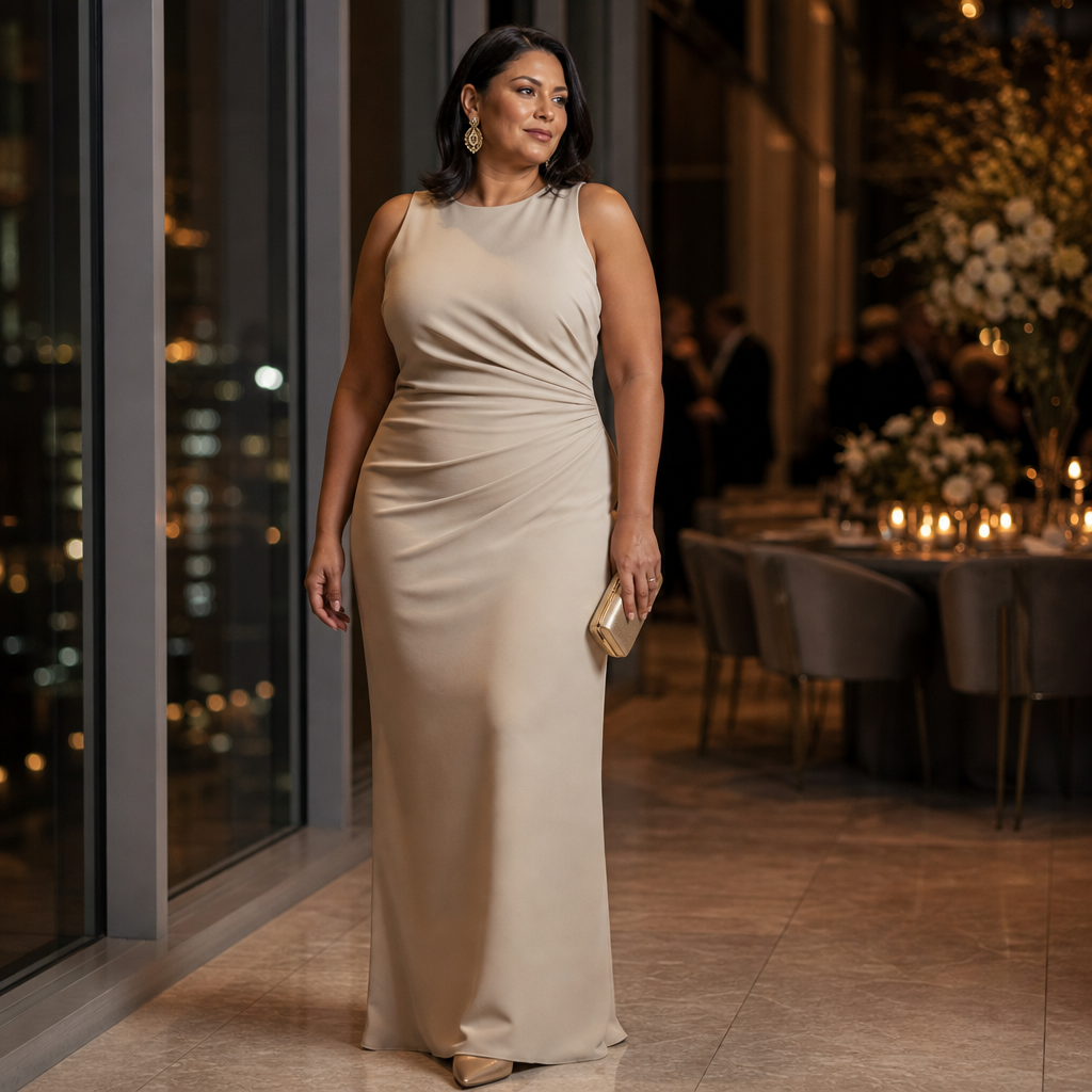Stylish woman in a fitted champagne-colored evening gown stands by floor-to-ceiling windows at a sophisticated nighttime event, holding a clutch with candlelit tables and floral arrangements in the background.