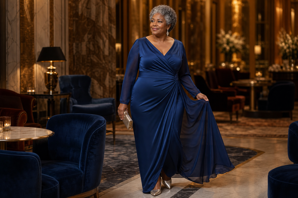 Confident mature woman in a flowing blue evening gown walking through a luxurious hotel lounge, holding a gold clutch and smiling gracefully.
