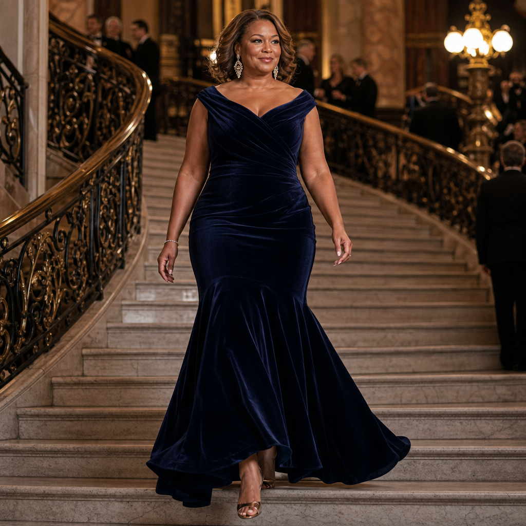 A confident woman in a form-fitting navy velvet evening gown descends a grand marble staircase with ornate railings at a formal event, surrounded by softly lit, luxurious decor.