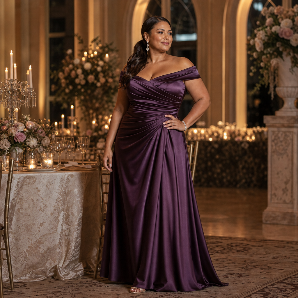 A confident woman poses in a luxurious ballroom wearing an off-the-shoulder purple satin evening gown, surrounded by candlelit tables and romantic floral arrangements.