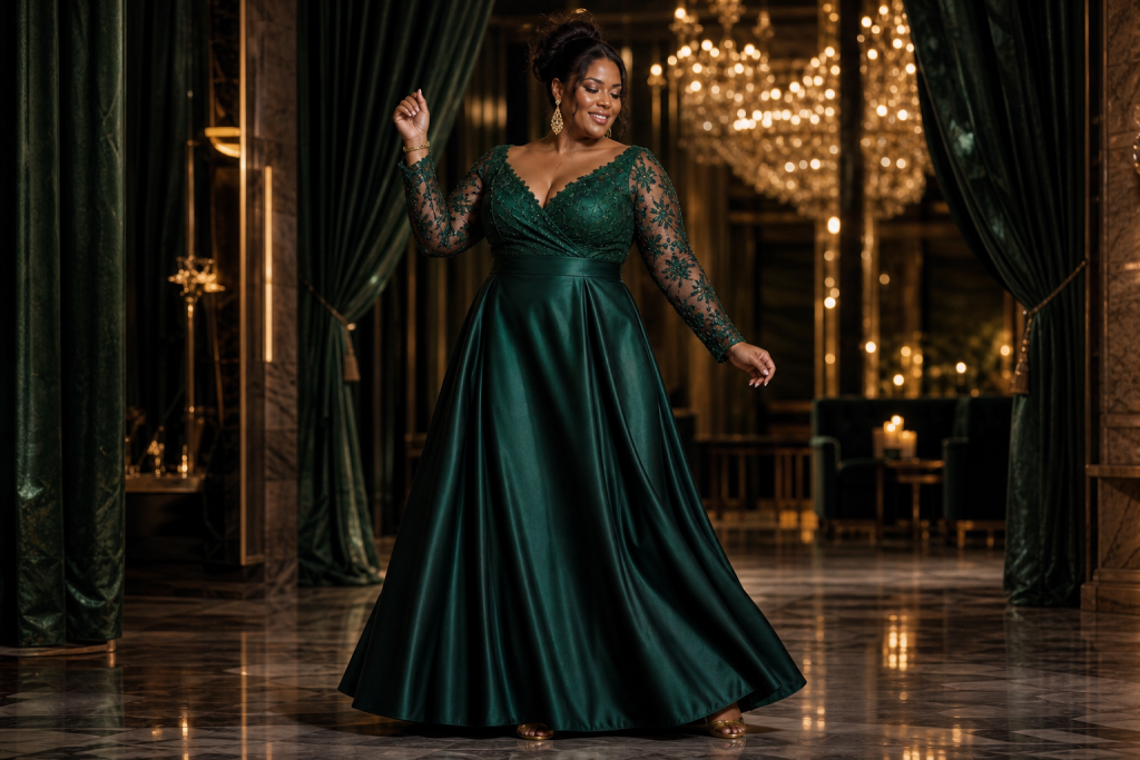 Two stylish women in floor-length black evening gowns pose in a grand, chandelier-lit hall. One wears a full A-line dress with a lace bodice and long sleeves, while the other showcases a sleek, fitted gown with sheer embellished sleeves, highlighting sophisticated plus size formal fashion.