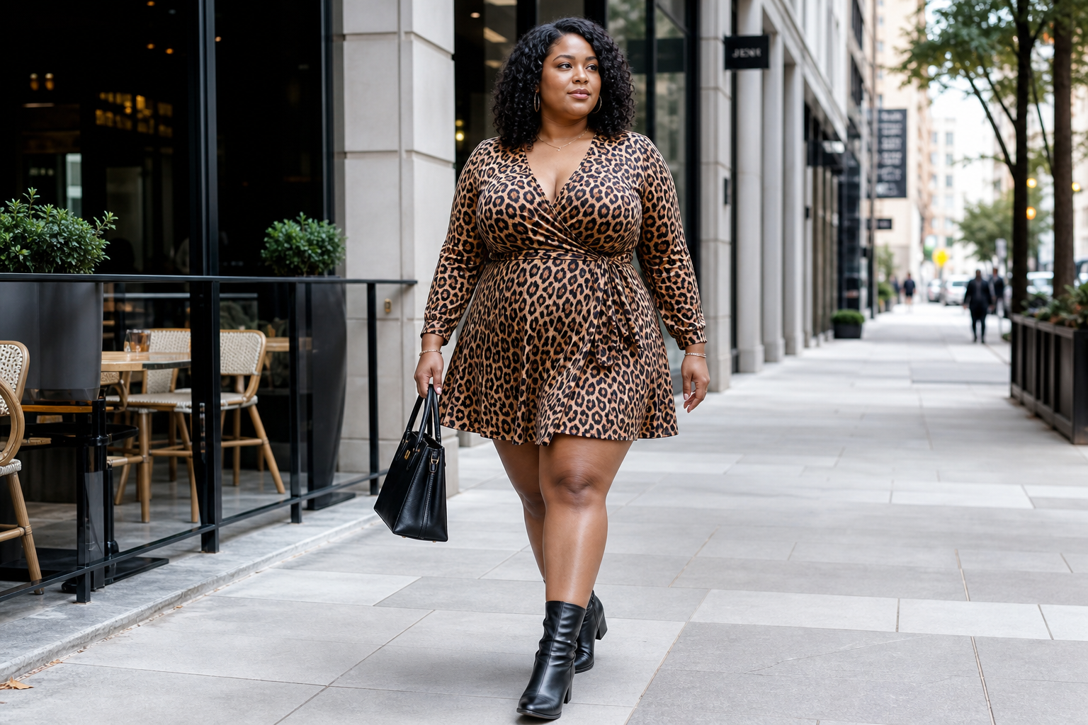 A stylish woman walks down a city sidewalk wearing a leopard print wrap dress, black ankle boots, and carrying a black handbag, showcasing confident urban street style.