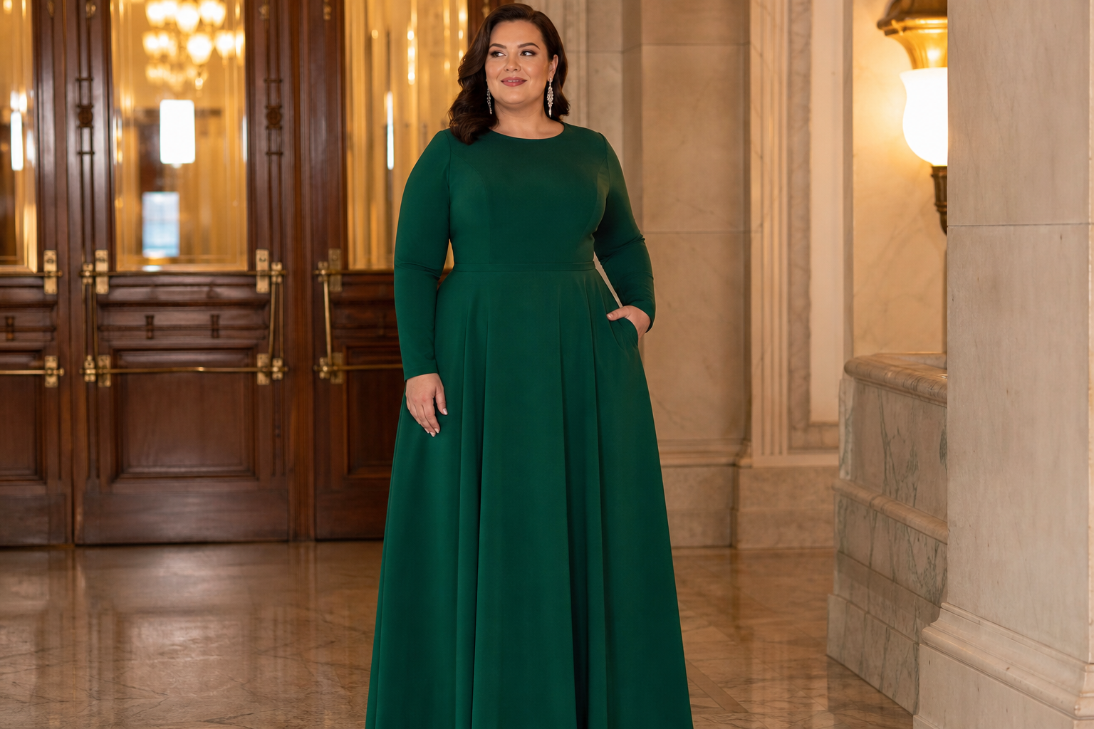 A confident woman in a long-sleeved emerald green evening gown poses in a grand interior with marble walls and ornate wooden doors, creating a refined and sophisticated formal look.