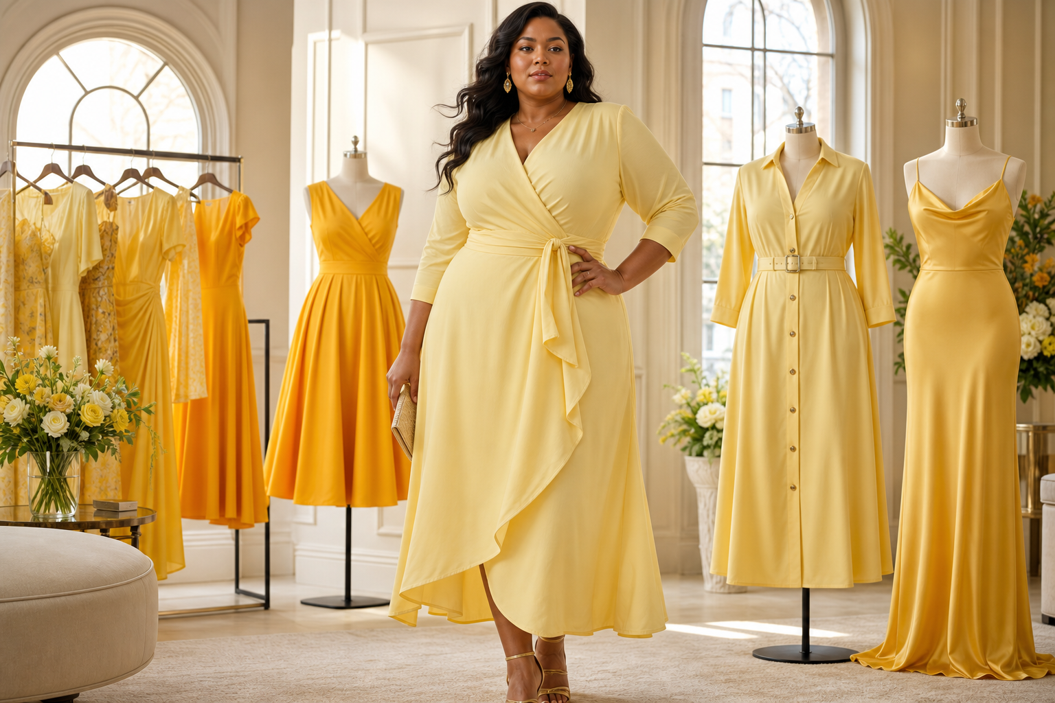 A confident woman models a flowing yellow wrap dress in a bright, elegant showroom surrounded by coordinating yellow dresses on mannequins and hangers, showcasing stylish formal and occasion wear in warm sunny tones.