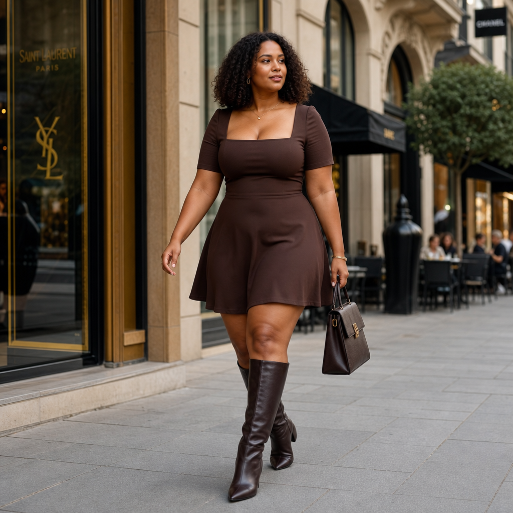 Confident woman walking along a luxury shopping street, wearing a brown fit-and-flare dress with knee-high boots and a structured handbag.