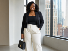 Plus Size Pear Shaped Body: Flattering Outfit Ideas and Styling Tips That Balance Your Silhouette A confident professional woman poses in a modern office wearing a black blazer, fitted top, wide-leg white trousers, pointed heels, and carrying a structured black handbag.