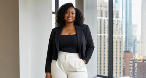 Plus Size Pear Shaped Body: Flattering Outfit Ideas and Styling Tips That Balance Your Silhouette A confident professional woman poses in a modern office wearing a black blazer, fitted top, wide-leg white trousers, pointed heels, and carrying a structured black handbag.