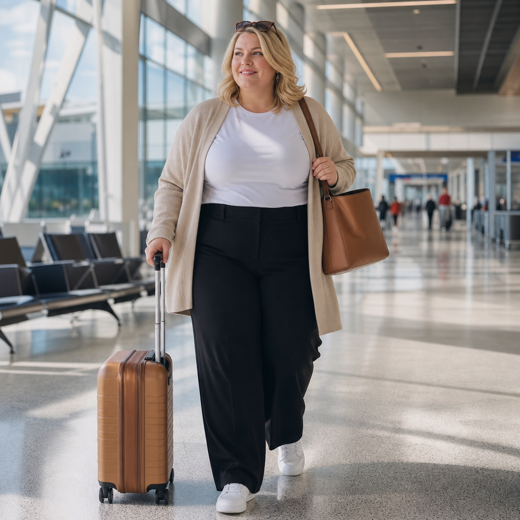 A stylish woman walks through a bright airport terminal with a rolling suitcase and leather tote bag.