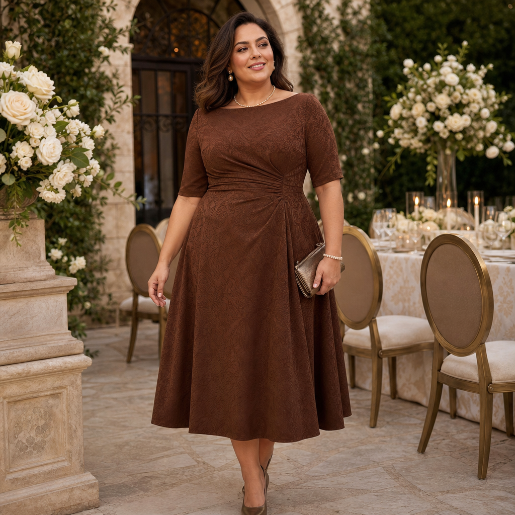 A stylish woman in a brown, mid-length dress poses at an outdoor reception table decorated with white flowers, candles, and gold-accented chairs, creating a warm and sophisticated evening event setting.