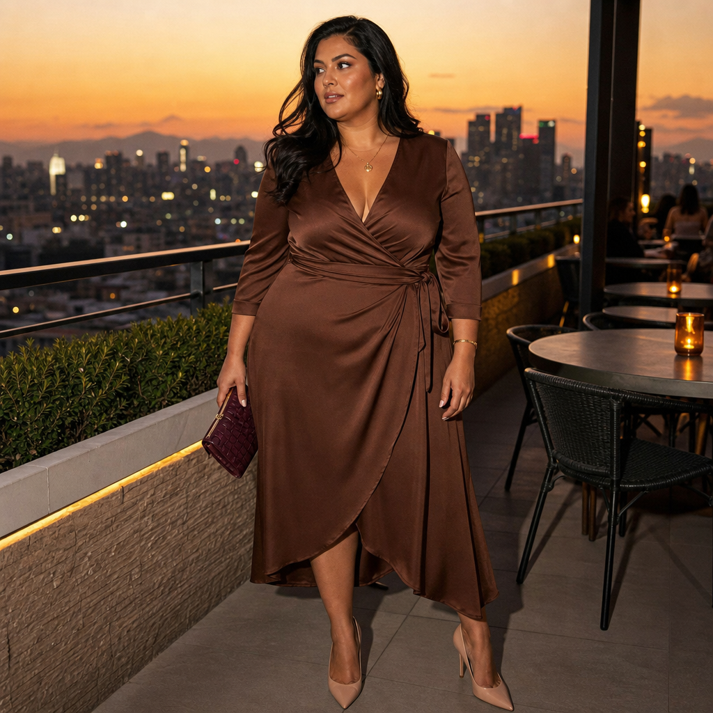 Stylish woman in a brown satin wrap dress and nude heels standing on a modern rooftop terrace at sunset, overlooking a city skyline.