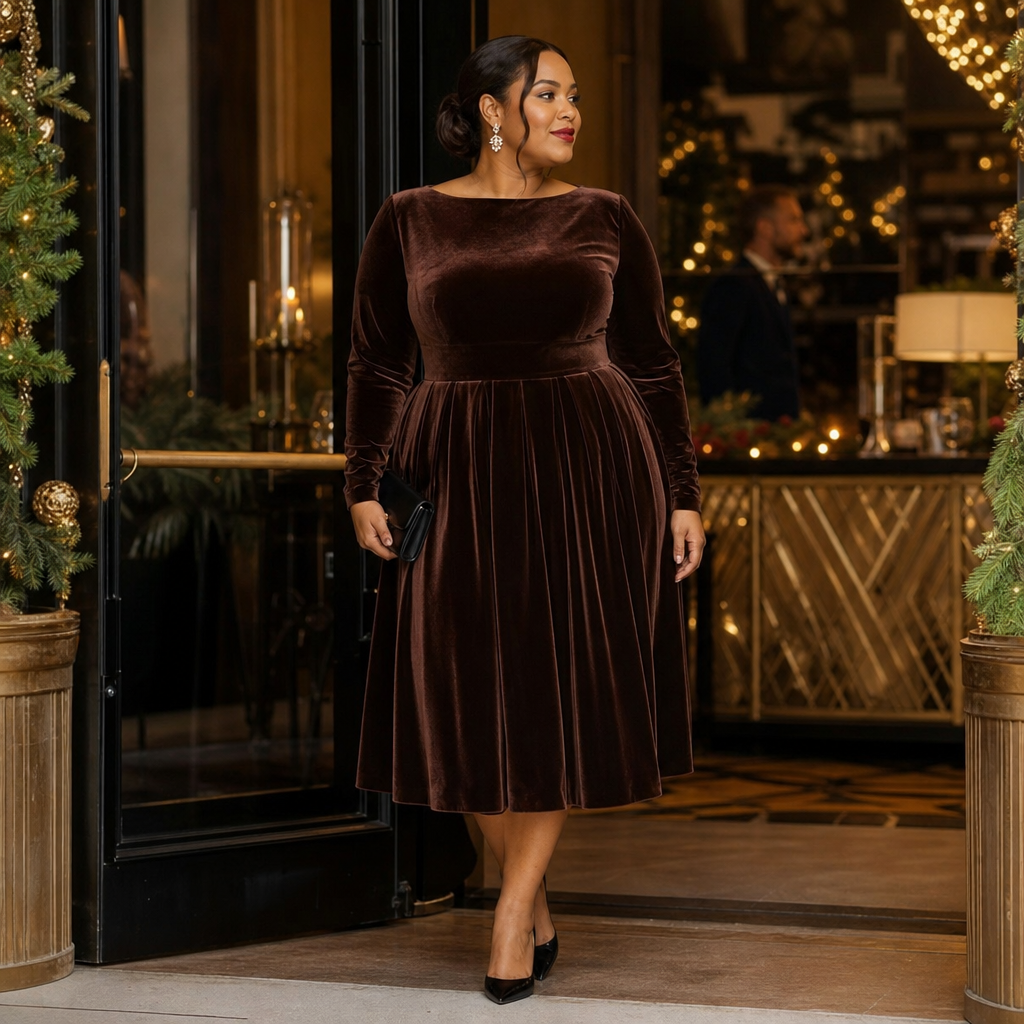 A stylish woman in a rich brown velvet, long-sleeve midi dress steps out of a festively decorated venue, creating a sophisticated holiday evening look.