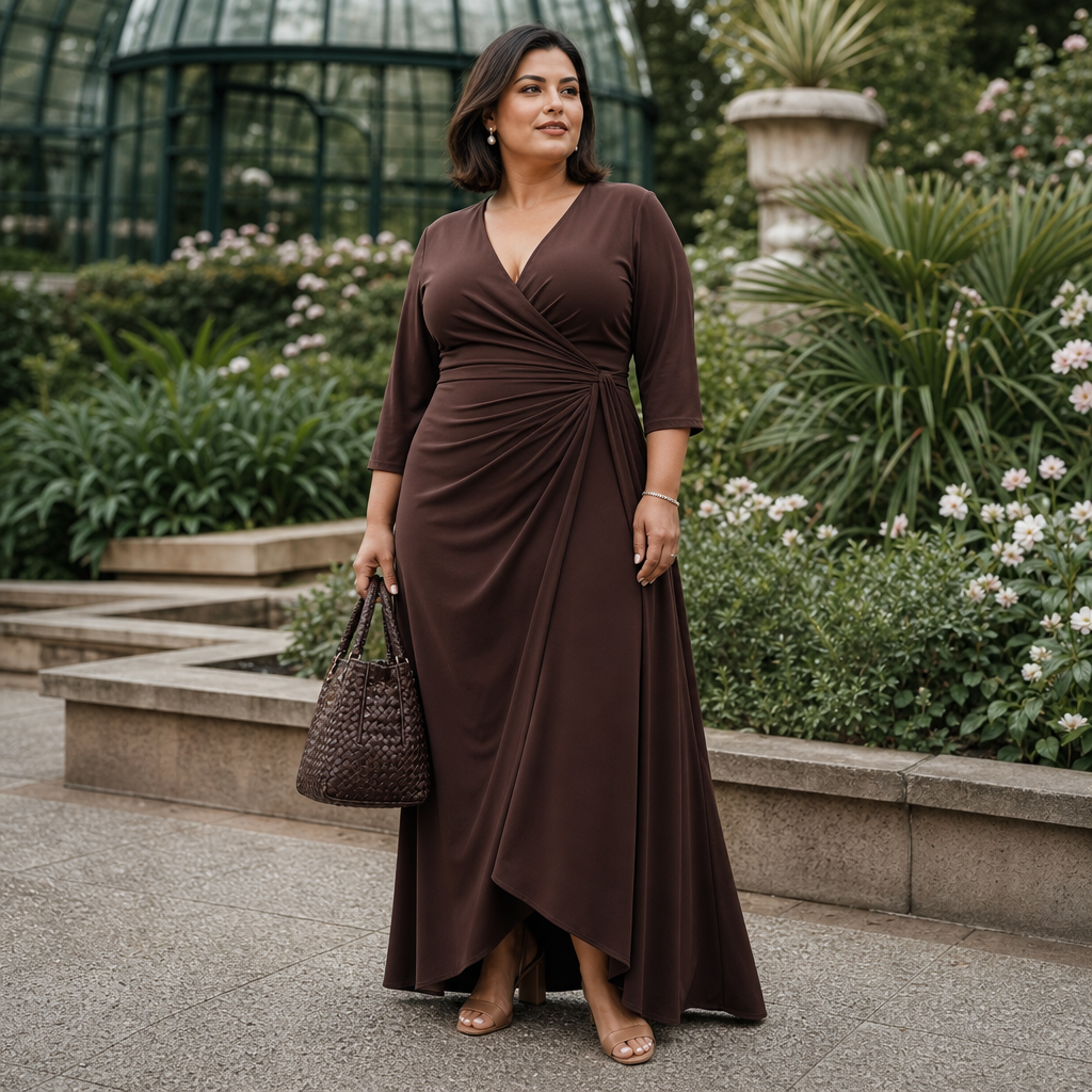 A stylish woman wearing a long brown wrap dress with three-quarter sleeves poses confidently in a lush garden, carrying a woven handbag and standing near stone planters and a glass conservatory.