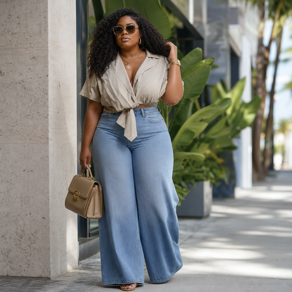 A stylish woman in sunglasses poses outdoors wearing a beige tie-front blouse, high-waisted wide-leg jeans, sandals, and a structured handbag.