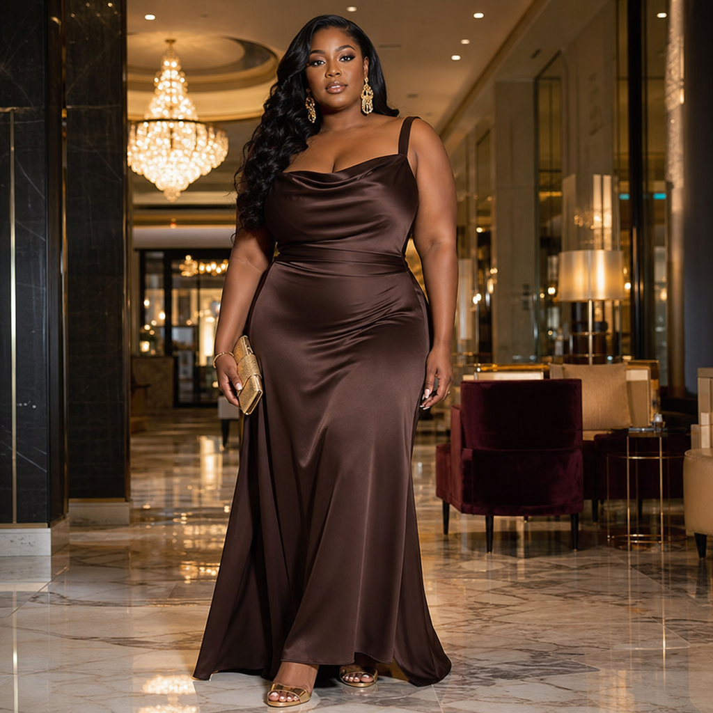 A stylish woman wearing a floor-length chocolate satin evening gown, gold heels, and statement earrings poses confidently in a marble-floored, chandelier-lit hotel lobby.