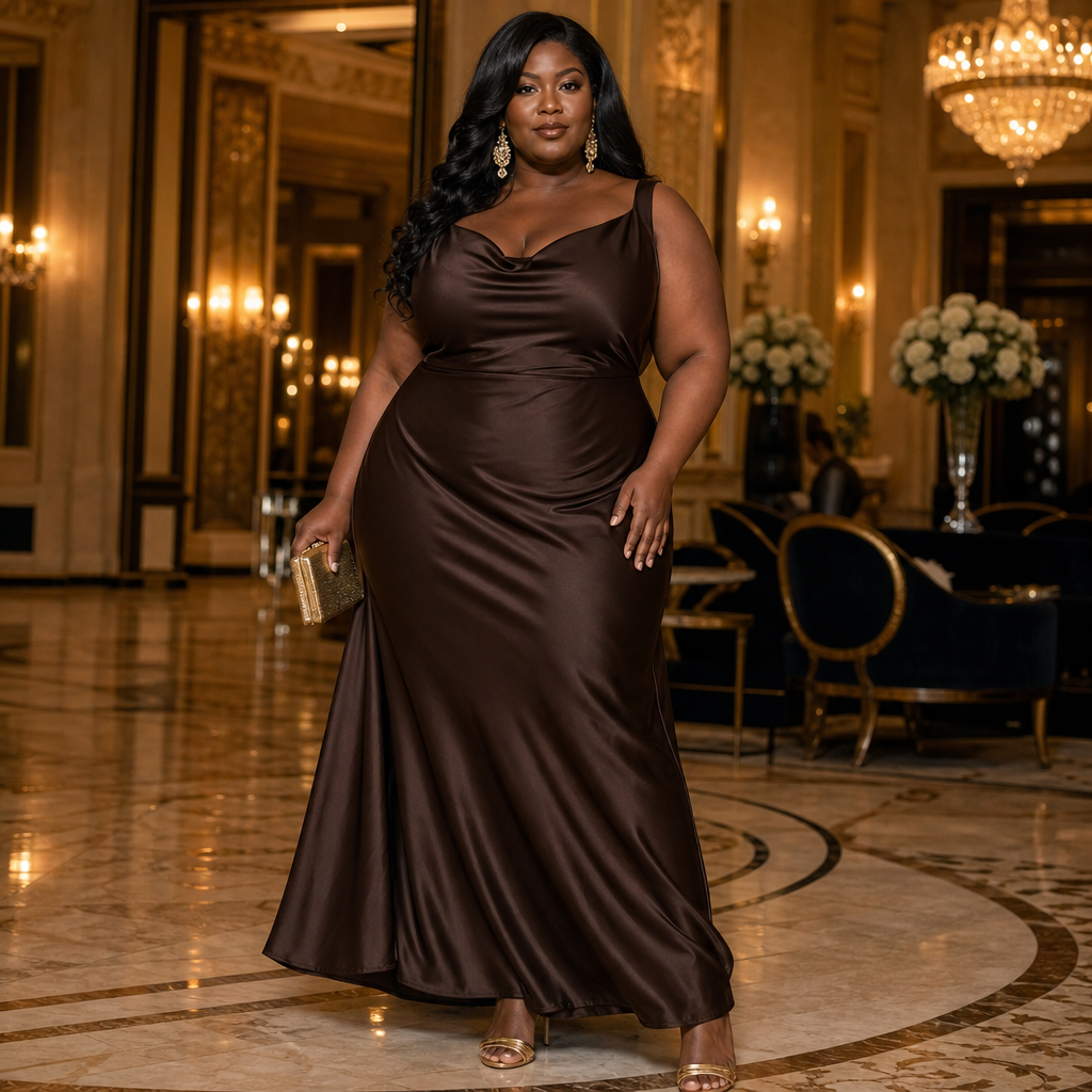 A stylish woman poses confidently in a rich chocolate satin evening gown inside a luxurious, chandelier-lit ballroom, accessorized with gold heels, statement earrings, and a clutch.