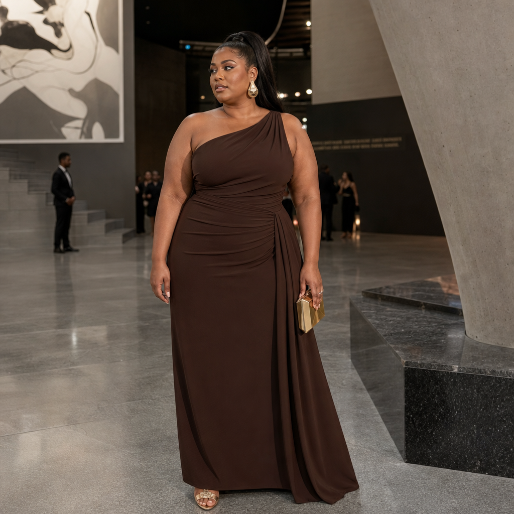 A stylish woman in a one-shoulder chocolate-brown evening gown poses in a modern art gallery, holding a gold clutch and wearing statement earrings on a polished concrete floor.