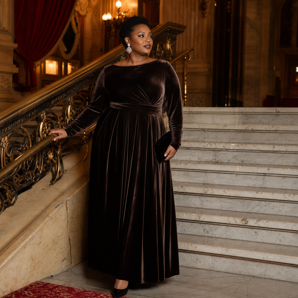 A stylish woman in a long, dark velvet evening gown poses gracefully on a marble staircase with ornate gold railings in a grand, softly lit interior.