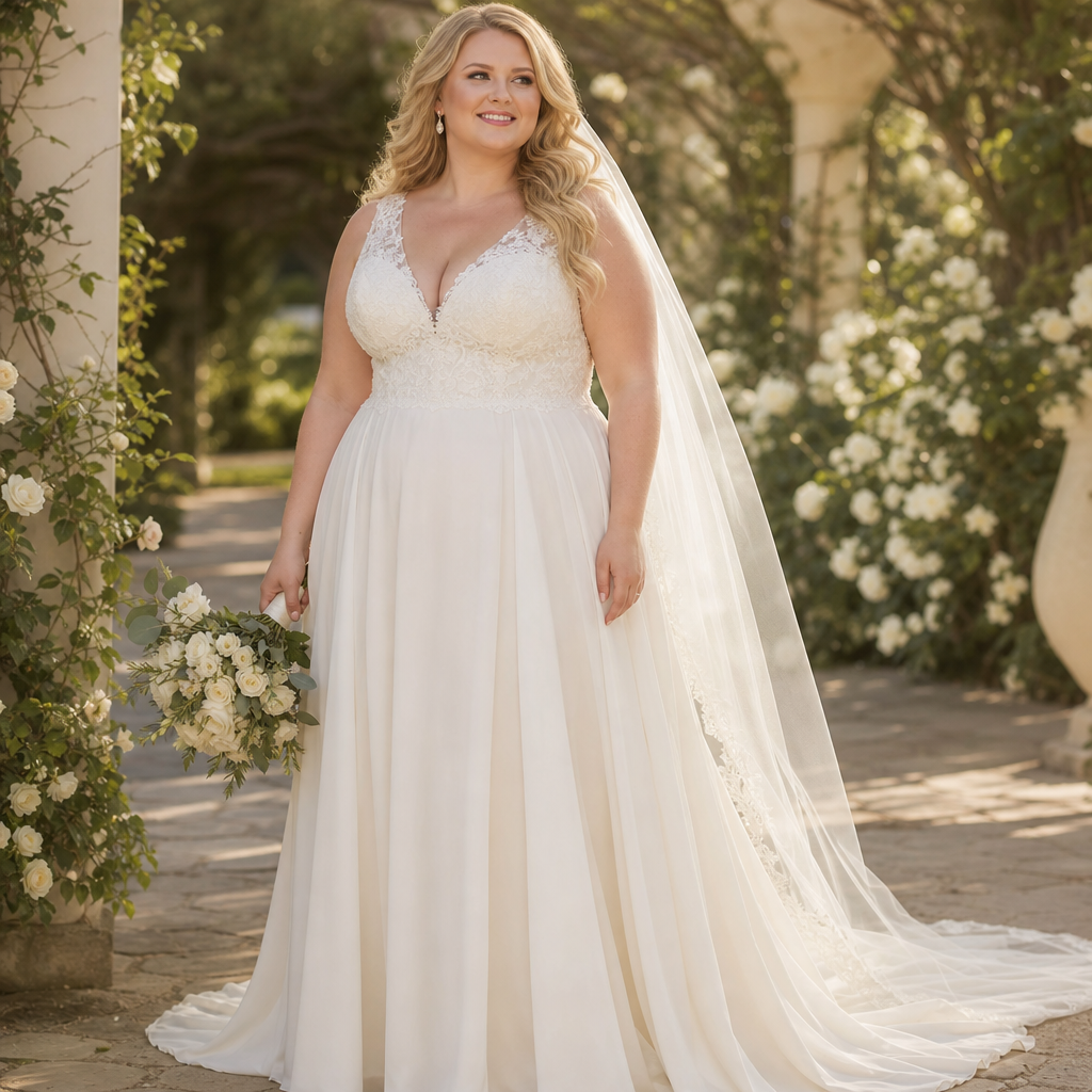 A smiling bride in a flowing lace wedding gown and long veil holds a white rose bouquet in a sunlit garden setting.