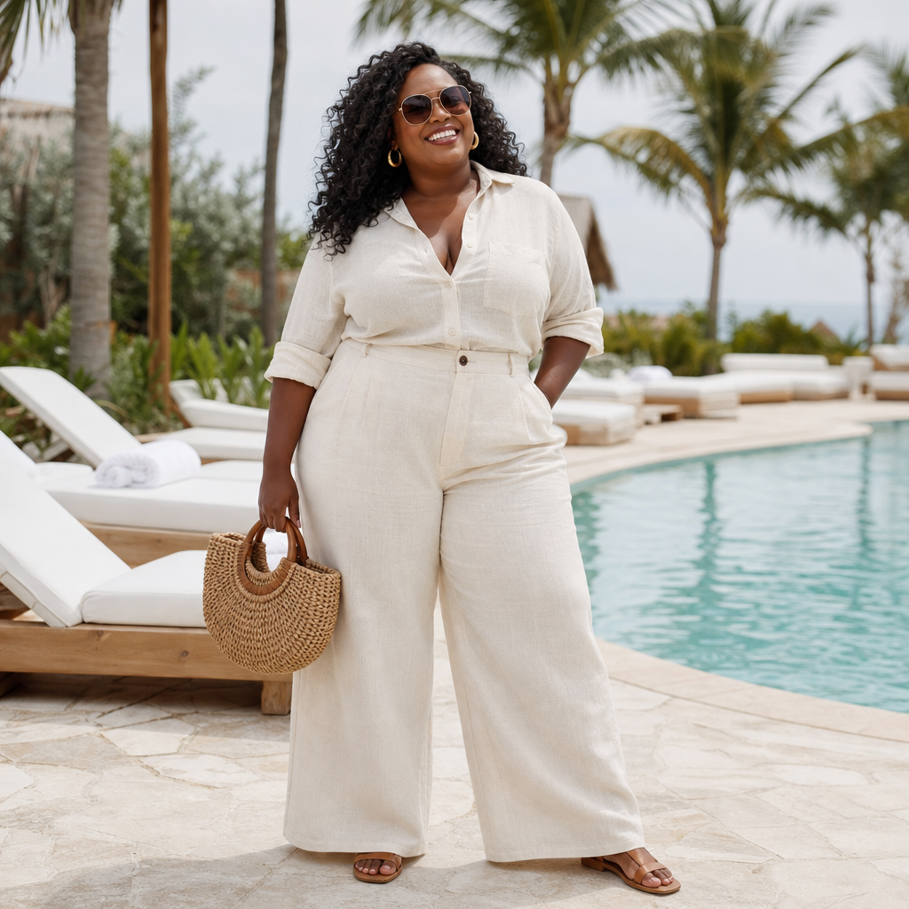 A smiling woman in a relaxed cream linen outfit and sunglasses poses beside a tropical resort pool, carrying a woven handbag beneath swaying palm trees.
