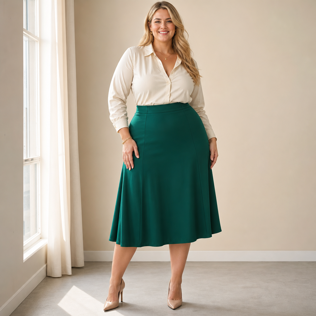 Smiling woman wearing a cream button-up blouse, elegant teal midi skirt, and nude heels in a bright room with natural window light.