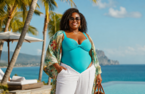 Vacation Clothes for Plus Size Women: Comfortable, Stylish Outfit Ideas for Beach, City, and Resort Trips A confident woman smiles by a tropical infinity pool, wearing a turquoise swimsuit, flowing floral cover-up, white linen pants, sunglasses, and carrying a woven beach tote with a scenic ocean and mountain backdrop.