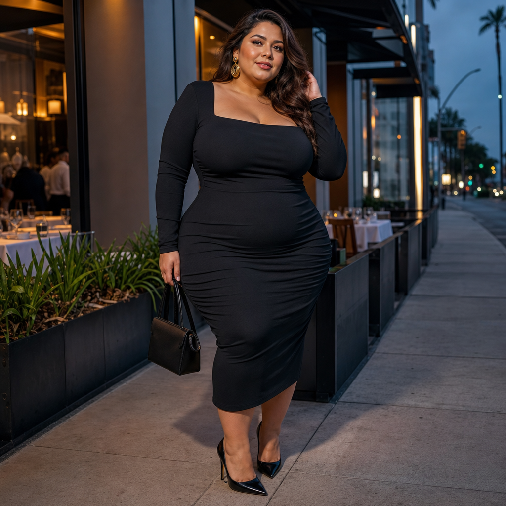 A confident woman in a fitted black dress and heels poses outside an upscale restaurant at dusk, carrying a structured handbag along a warmly lit city sidewalk.