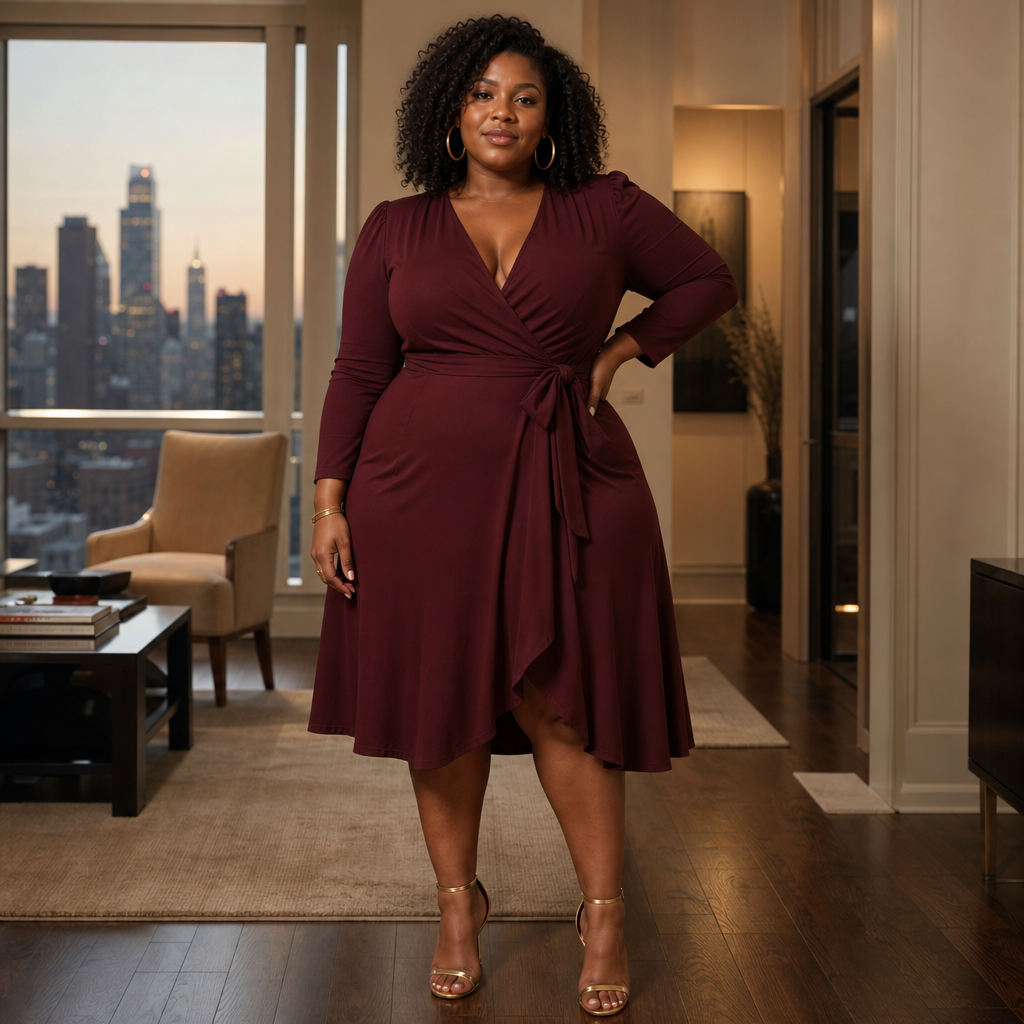 A confident plus-size Black woman poses in an elegant burgundy wrap dress and heels in a stylish apartment overlooking a city skyline.