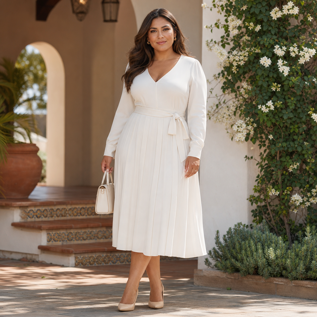 A stylish woman wearing a flowing white dress and carrying a matching handbag stands in a sunlit Mediterranean courtyard surrounded by blooming jasmine and tiled steps.