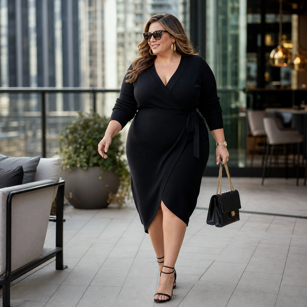 A stylish plus-size woman wearing a black wrap dress, sunglasses, strappy heels, and carrying a quilted handbag in a modern upscale interior.
