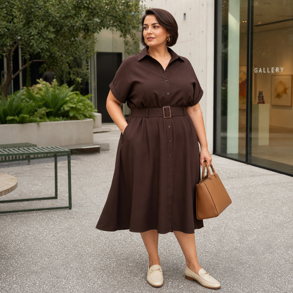 Stylish woman wearing a belted brown shirt dress with loafers and a tan handbag, standing in a modern outdoor courtyard near an art gallery.