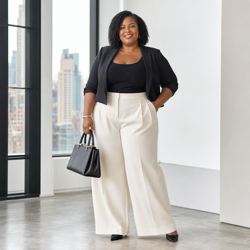 Confident professional woman in a black blazer and cream wide-leg trousers, holding a structured handbag in a bright urban office.