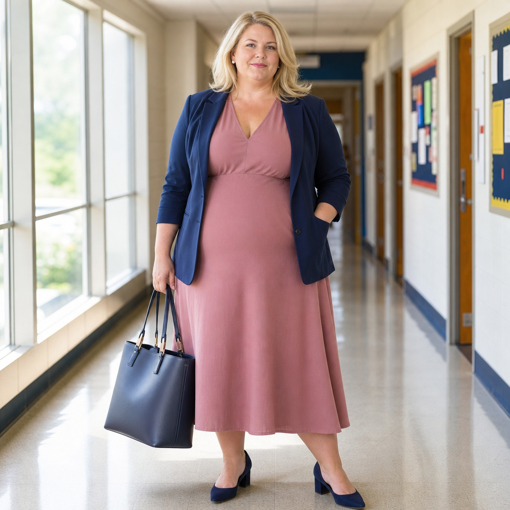 Confident woman in a pink dress and navy blazer stands in a bright school hallway, carrying a matching navy tote bag.
