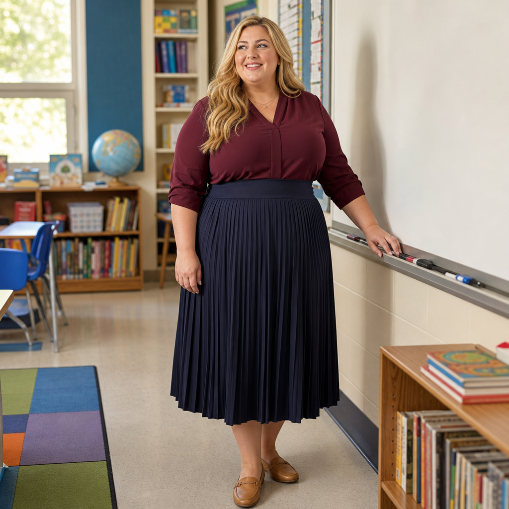 A smiling teacher stands beside a whiteboard in a bright classroom surrounded by books, educational materials, and a globe.
