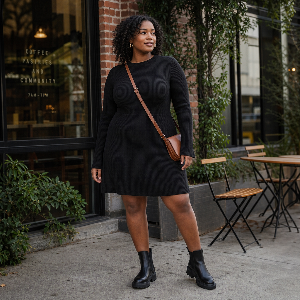 A confident woman stands on a city sidewalk in front of a café, wearing a black long-sleeve sweater dress, black ankle boots, and a brown crossbody bag.