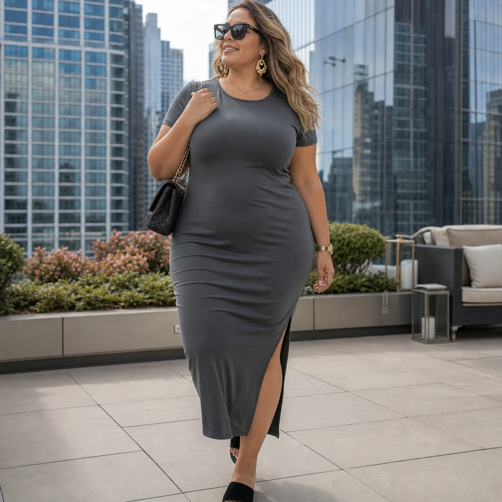 A woman in a charcoal gray fitted midi dress, sunglasses, and a quilted handbag walks across a rooftop terrace surrounded by modern city skyscrapers.