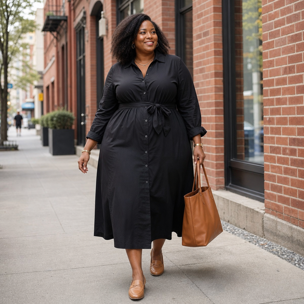 A confident woman wearing a black belted shirt dress, brown loafers, and carrying a leather tote bag while walking beside a brick building.
