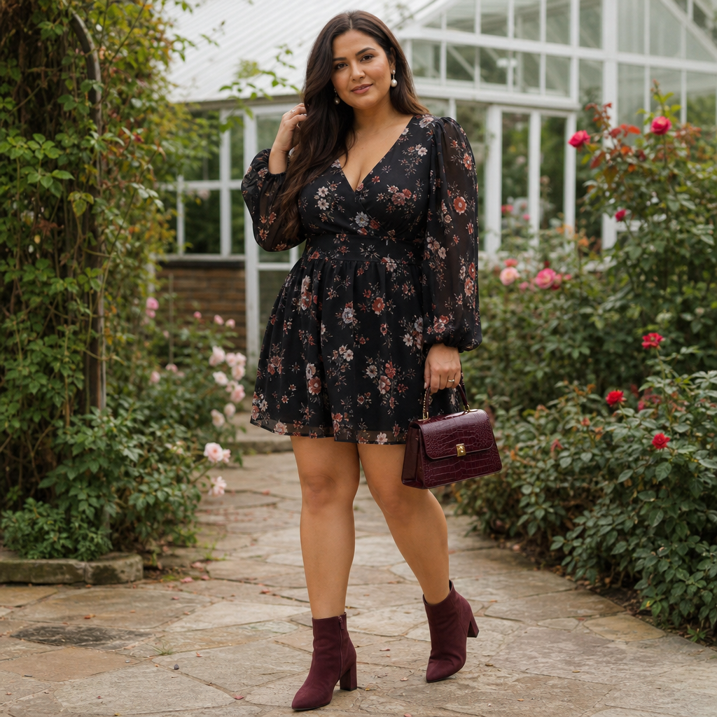 A stylish woman walks through a rose garden wearing a black long-sleeve floral wrap dress, burgundy ankle boots, and a matching handbag in front of a glass greenhouse.
