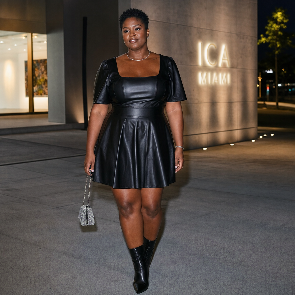 A confident woman in a short black leather dress and ankle boots poses outside a modern art museum at night, holding a small chain-strap handbag.