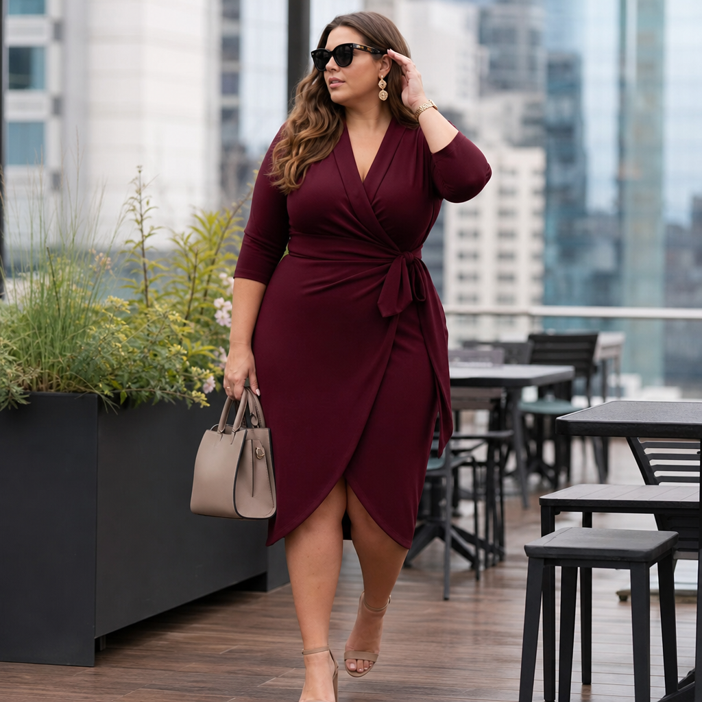 A stylish woman wearing a burgundy wrap dress, sunglasses, heels, and carrying a taupe handbag walks across a rooftop patio with city buildings in the background.