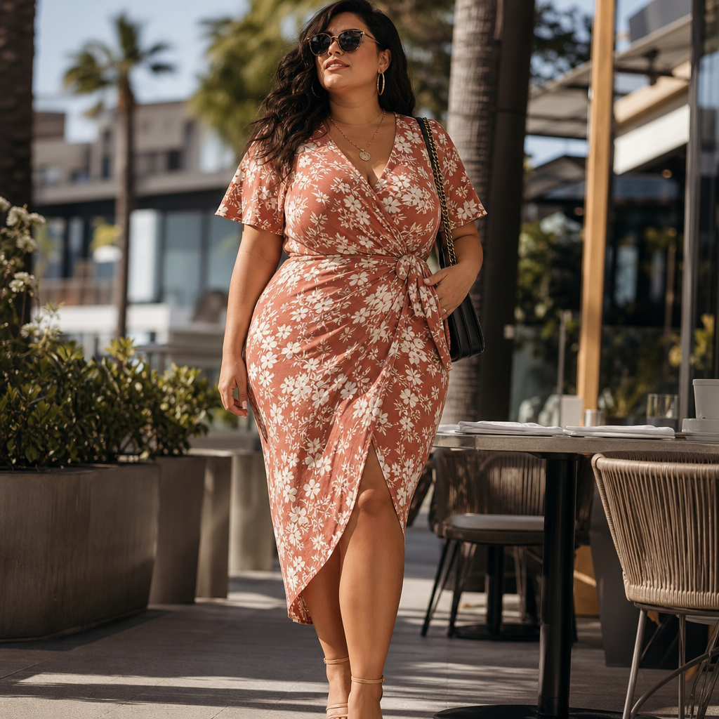 Stylish woman wearing a terracotta floral wrap dress and sunglasses while walking beside an outdoor cafe on a sunny day.