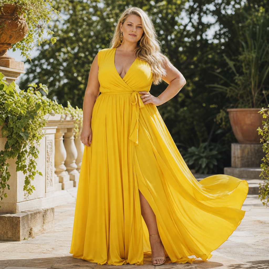 A confident woman poses in a sunlit garden wearing an elegant flowing yellow maxi dress, surrounded by lush greenery, stone balustrades, and terracotta planters.