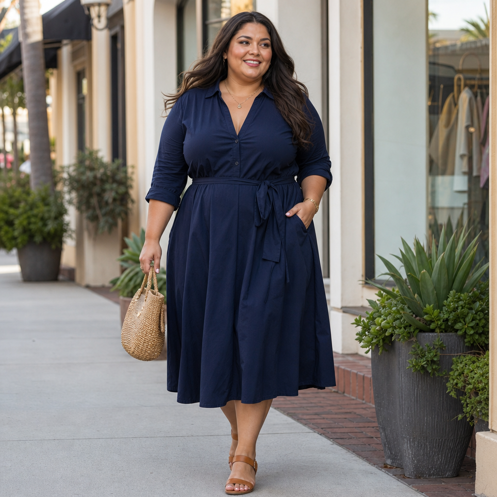 A smiling woman in a navy blue belted dress walks along a stylish outdoor shopping promenade, carrying a woven handbag beside lush potted plants.