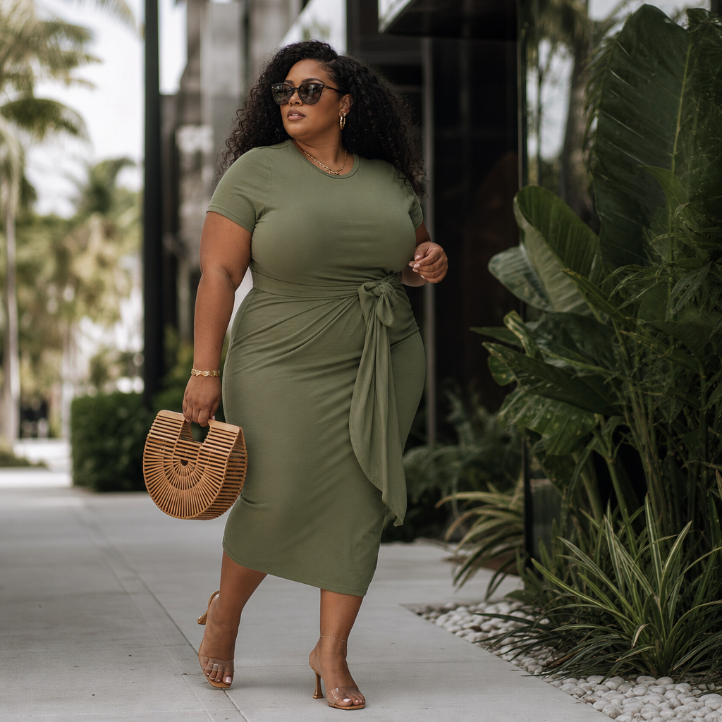 A stylish woman wearing an olive green wrap dress, sunglasses, heels, and carrying a bamboo handbag while walking through a lush tropical setting.