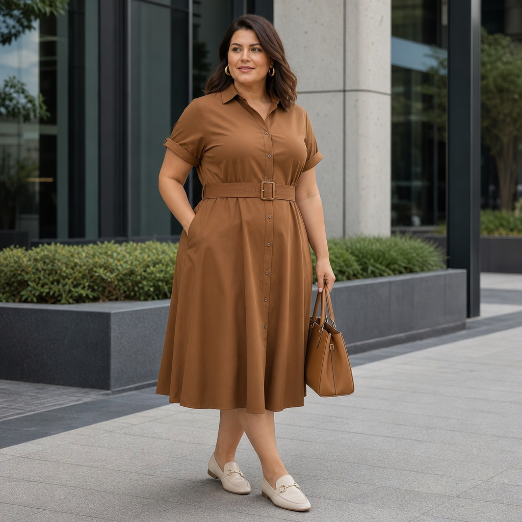 Stylish woman standing outdoors in a tan belted shirt dress, carrying a matching handbag and wearing cream loafers in a modern urban setting.