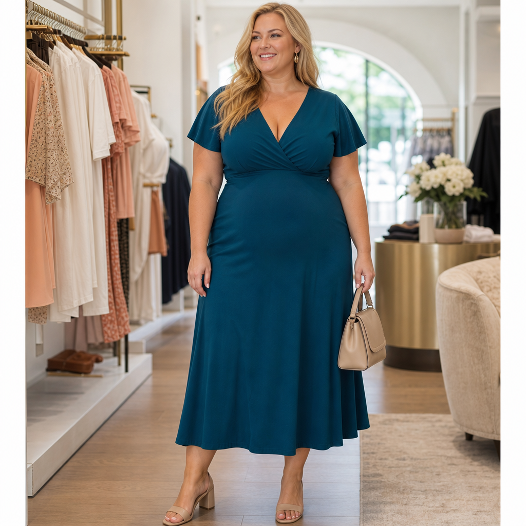 A smiling woman models a flattering teal wrap dress with nude heels and a beige handbag in a stylish clothing boutique.