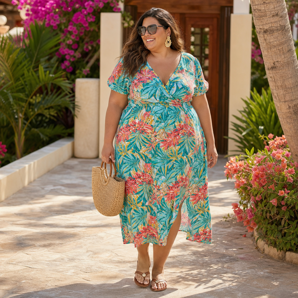 A smiling woman wearing a colorful tropical floral dress, sunglasses, sandals, and carrying a woven straw bag in a sunlit resort courtyard surrounded by palm trees and vibrant flowers.