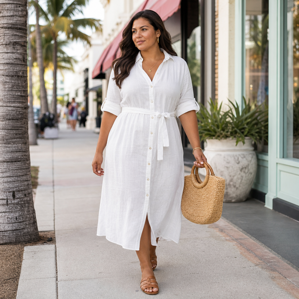A stylish woman walks along a palm-lined shopping street wearing a white linen shirt dress, leather sandals, and carrying a woven straw handbag.